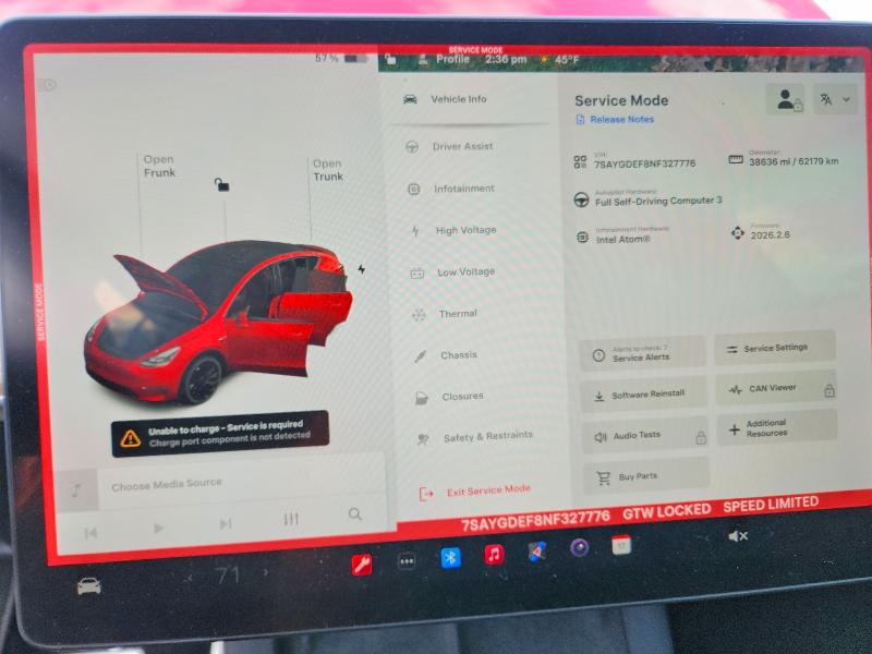 46188956 :رقم المزاد ، 7SAYGDEF8NF327776 vin ، 2022 Tesla Model Y مزاد بيع