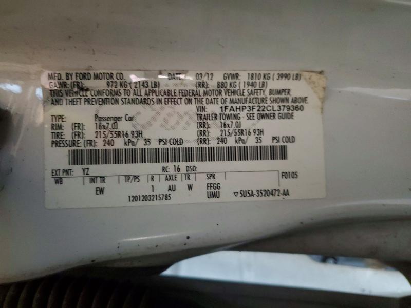 45511426 :رقم المزاد ، 1FAHP3F22CL379360 vin ، 2012 Ford Focus S مزاد بيع