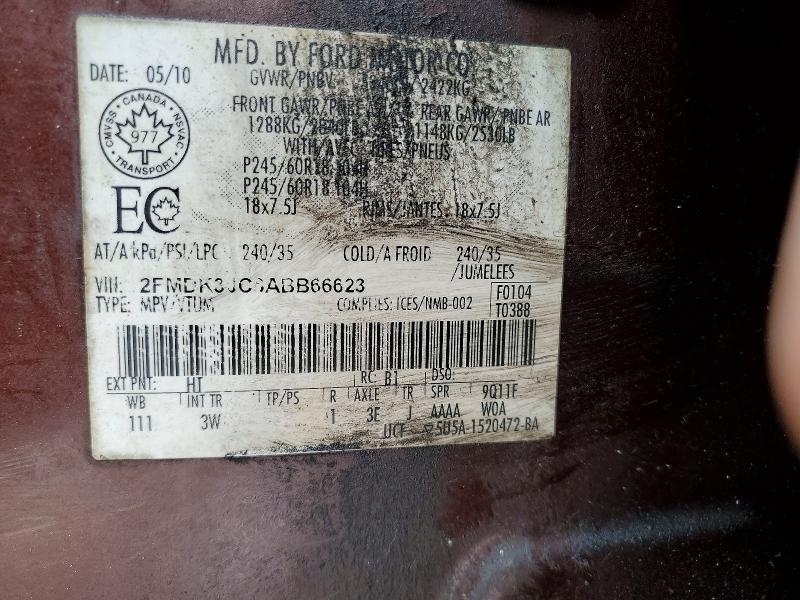78339815 :رقم المزاد ، 2FMDK3JC6ABB66623 vin ، 2010 Ford Edge مزاد بيع