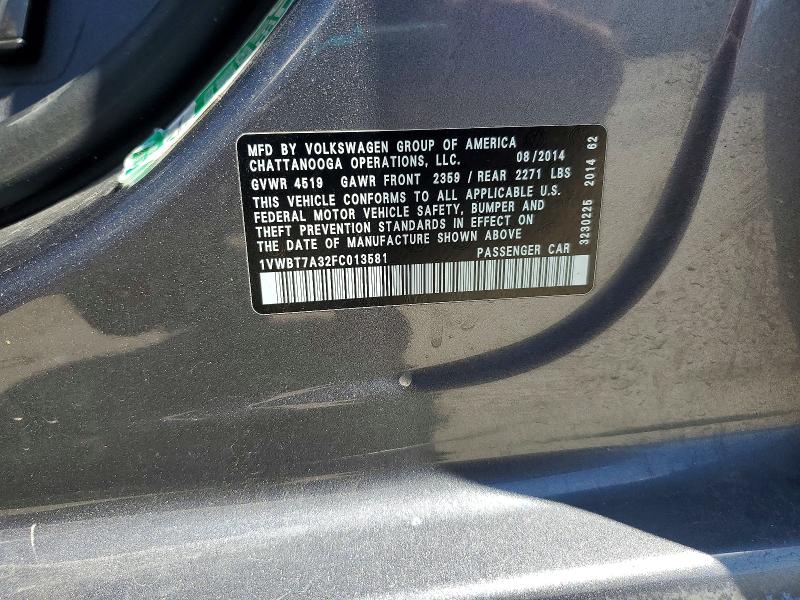46750476 :رقم المزاد ، 1VWBT7A32FC013581 vin ، 2015 Volkswagen Passat مزاد بيع