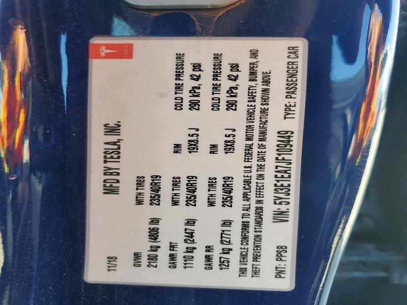 47637776 :رقم المزاد ، 5YJ3E1EA7JF109449 vin ، 2018 Tesla Model 3 مزاد بيع