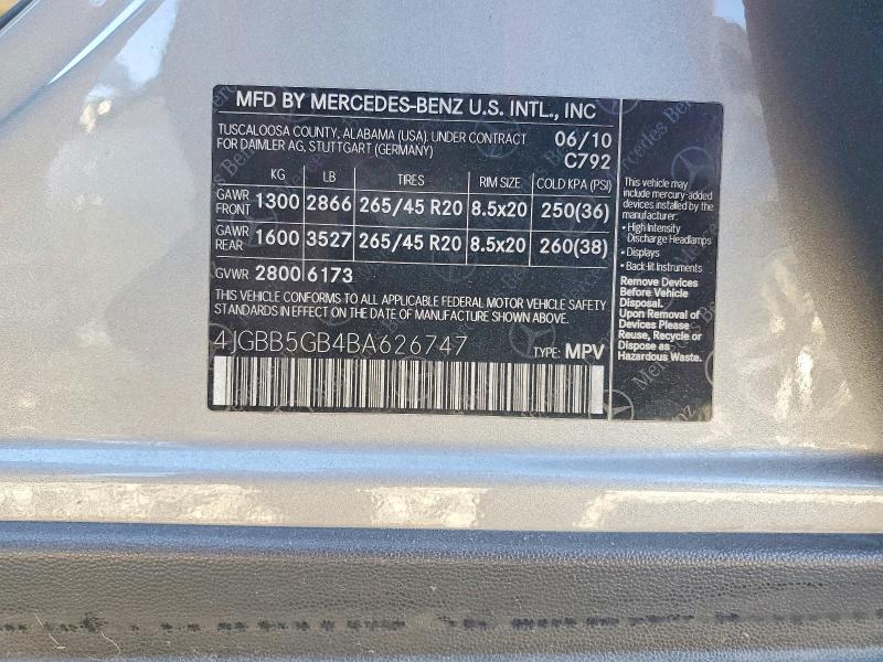 2011 Mercedes-benz Ml მანქანა იყიდება აუქციონზე, vin: 4JGBB5GB4BA626747, აუქციონის ნომერი: 45571386