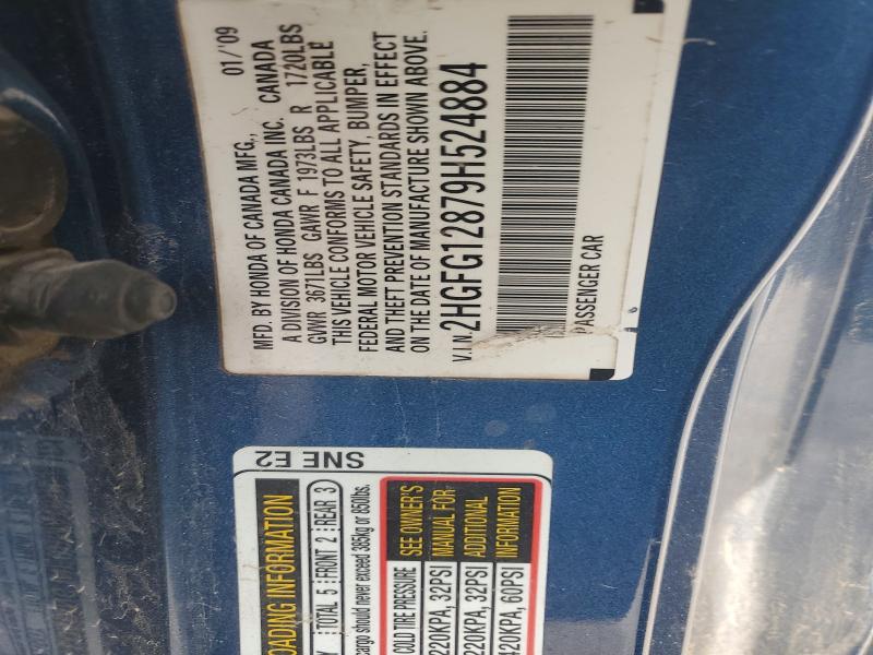 2009 Honda Civic მანქანა იყიდება აუქციონზე, vin: 2HGFG12879H524884, აუქციონის ნომერი: 46125716