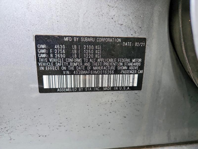 2021 Subaru Legacy მანქანა იყიდება აუქციონზე, vin: 4S3BWAF6XM3016266, აუქციონის ნომერი: 79432095