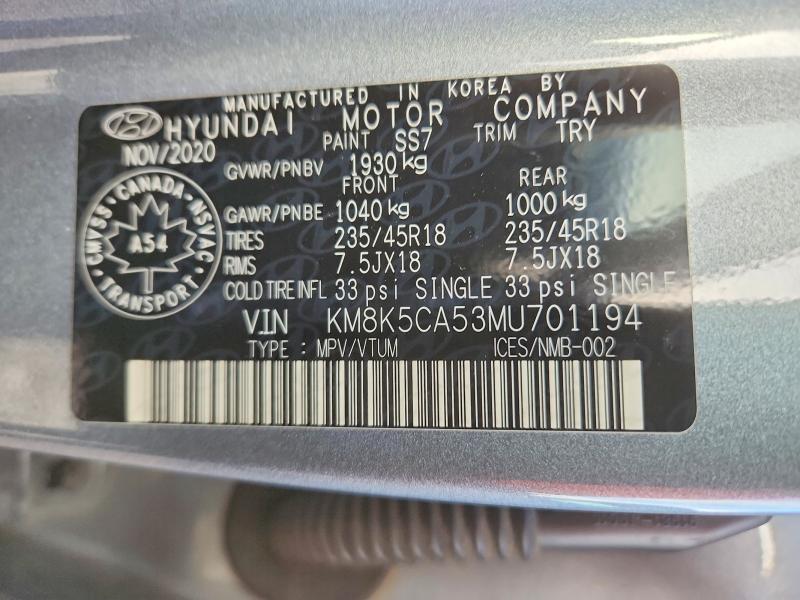 Aukcja sprzedaży 2021 Hyundai Kona, vin: KM8K5CA53MU701194, numer aukcji: 46621386