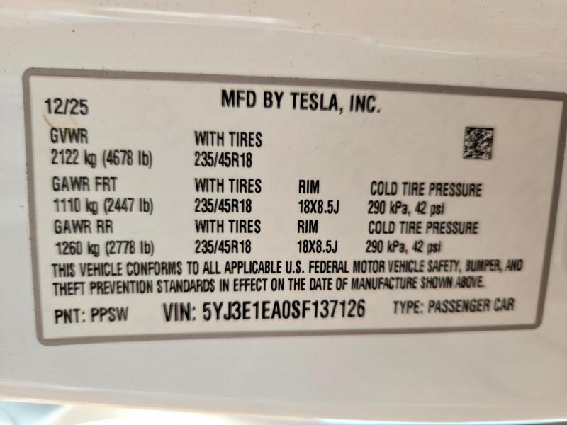 Aukcja sprzedaży 2025 Tesla Model 3, vin: 5YJ3E1EA0SF137126, numer aukcji: 41602106