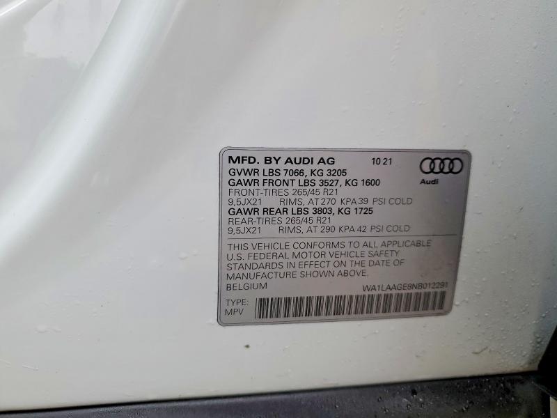 78952315 :رقم المزاد ، WA1LAAGE8NB012291 vin ، 2022 Audi E-tron مزاد بيع