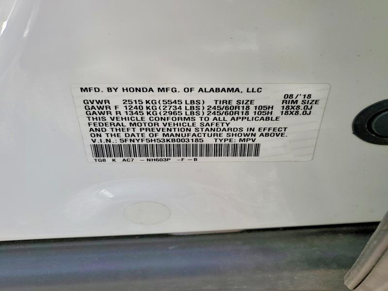 2019 Honda Pilot მანქანა იყიდება აუქციონზე, vin: 5FNYF5H53KB003185, აუქციონის ნომერი: 47180276