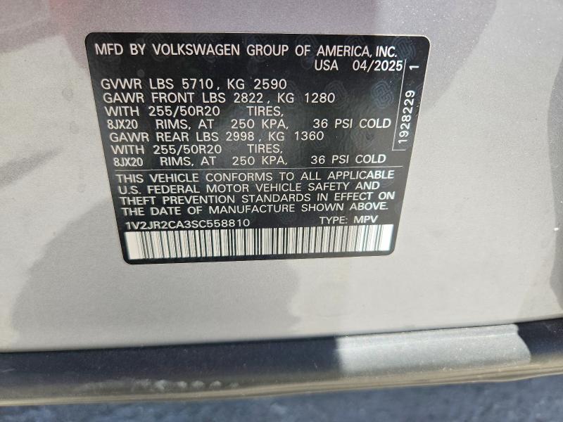 47783976 :رقم المزاد ، 1V2JR2CA3SC558810 vin ، 2025 Volkswagen Atlas مزاد بيع