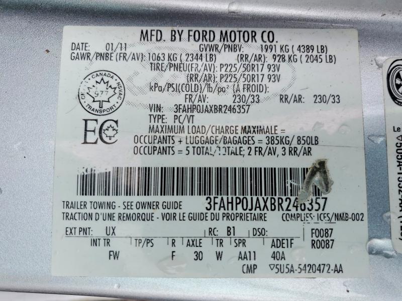 45533196 :رقم المزاد ، 3FAHP0JAXBR246357 vin ، 2011 Ford Fusion مزاد بيع