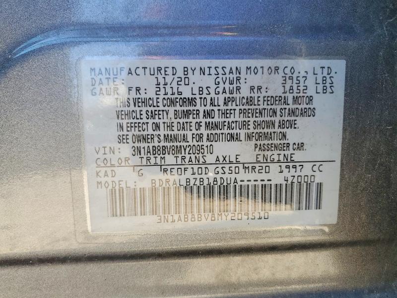 Продаж на аукціоні авто 2021 Nissan Sentra, vin: 3N1AB8BV8MY209510, номер лоту: 45998746