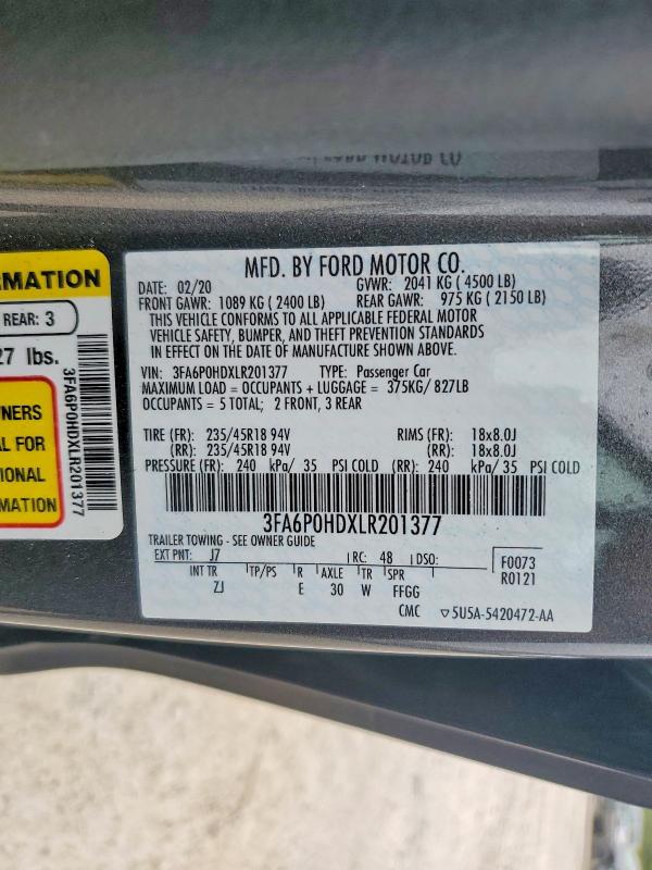 Aukcja sprzedaży 2020 Ford Fusion, vin: 3FA6P0HDXLR201377, numer aukcji: 77968695