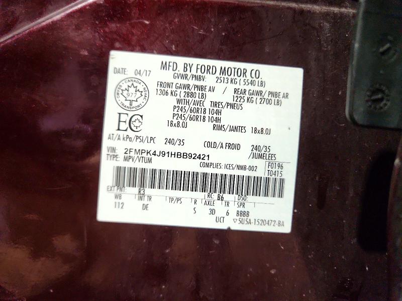 Продаж на аукціоні авто 2017 Ford Edge, vin: 2FMPK4J91HBB92421, номер лоту: 45814376