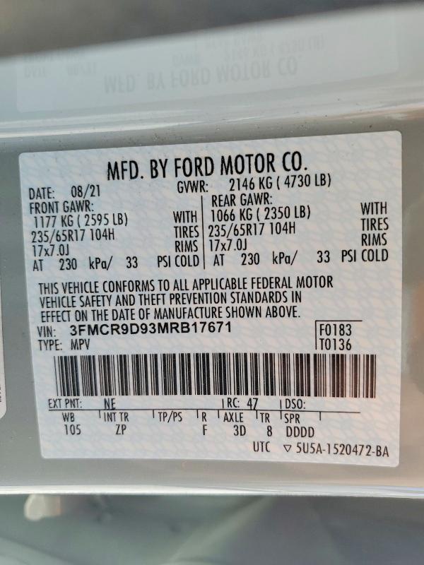 Продаж на аукціоні авто 2021 Ford Bronco Sport, vin: 3FMCR9D93MRB17671, номер лоту: 46858896
