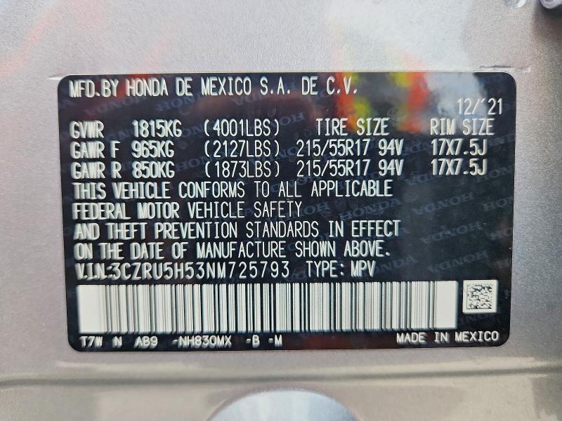 Aukcja sprzedaży 2022 Honda Hr-v, vin: 3CZRU5H53NM725793, numer aukcji: 41717526
