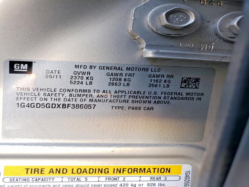 41757206 :رقم المزاد ، 1G4GD5GDXBF386057 vin ، 2011 Buick Lacrosse مزاد بيع