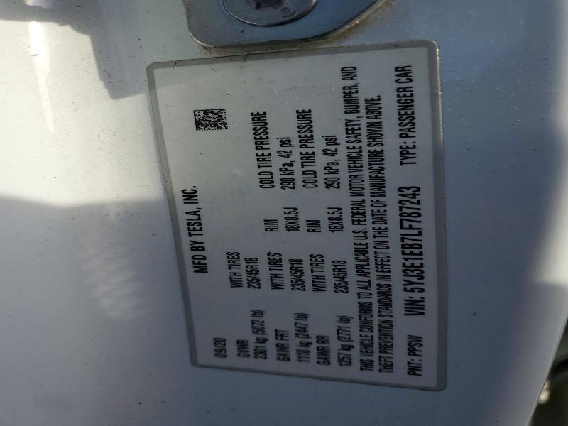 Продаж на аукціоні авто 2020 Tesla Model 3, vin: 5YJ3E1EB7LF787243, номер лоту: 47250236