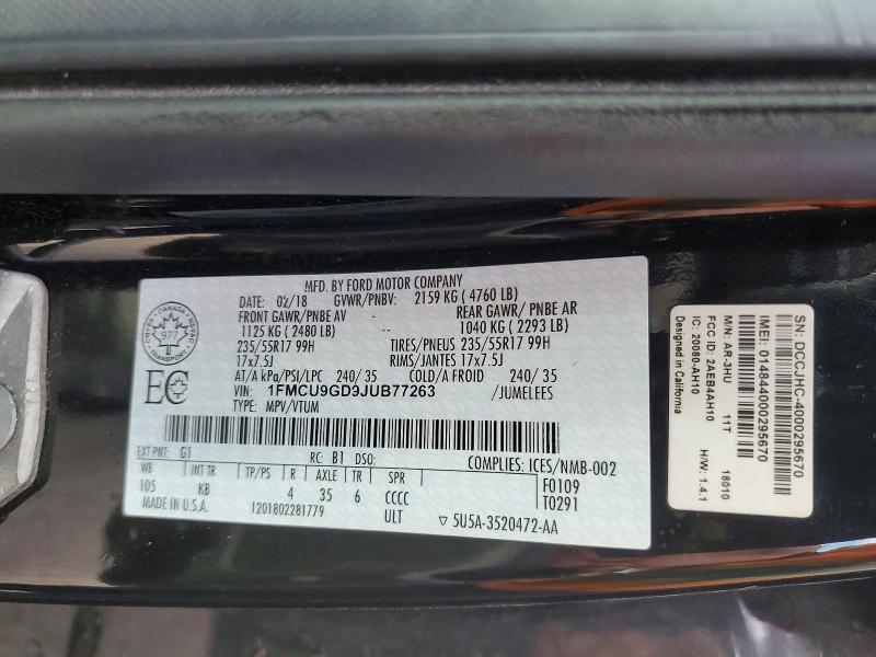 Aukcja sprzedaży 2018 Ford Escape, vin: 1FMCU9GD9JUB77263, numer aukcji: 47716206
