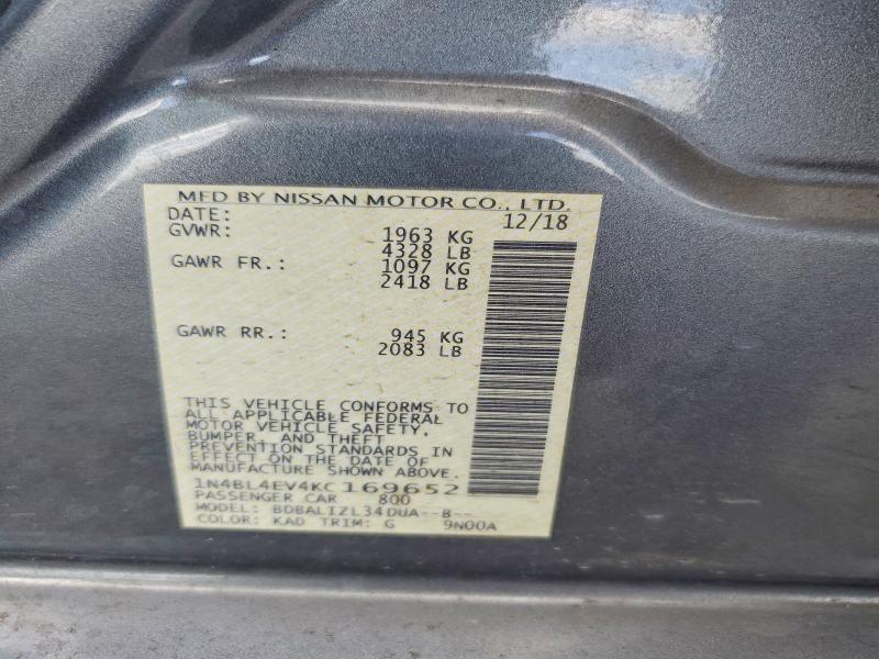 2019 Nissan Altima მანქანა იყიდება აუქციონზე, vin: 1N4BL4EV4KC169652, აუქციონის ნომერი: 41651886