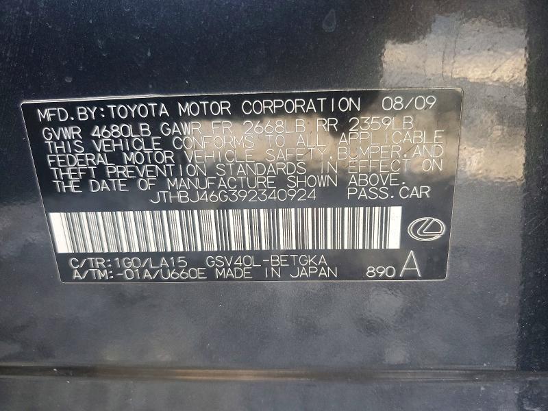 47959236 :رقم المزاد ، JTHBJ46G392340924 vin ، 2009 Lexus Es 350 مزاد بيع