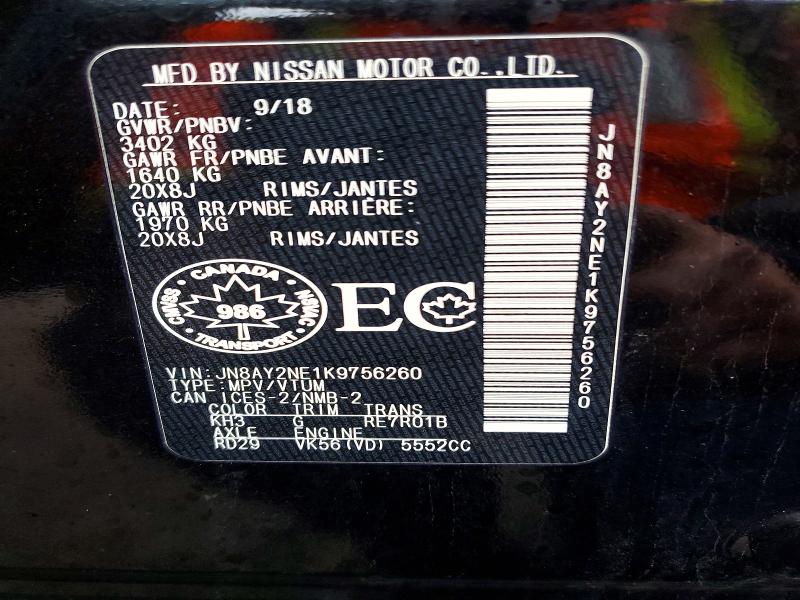 78955175 :رقم المزاد ، JN8AY2NE1K9756260 vin ، 2019 Nissan Armada مزاد بيع