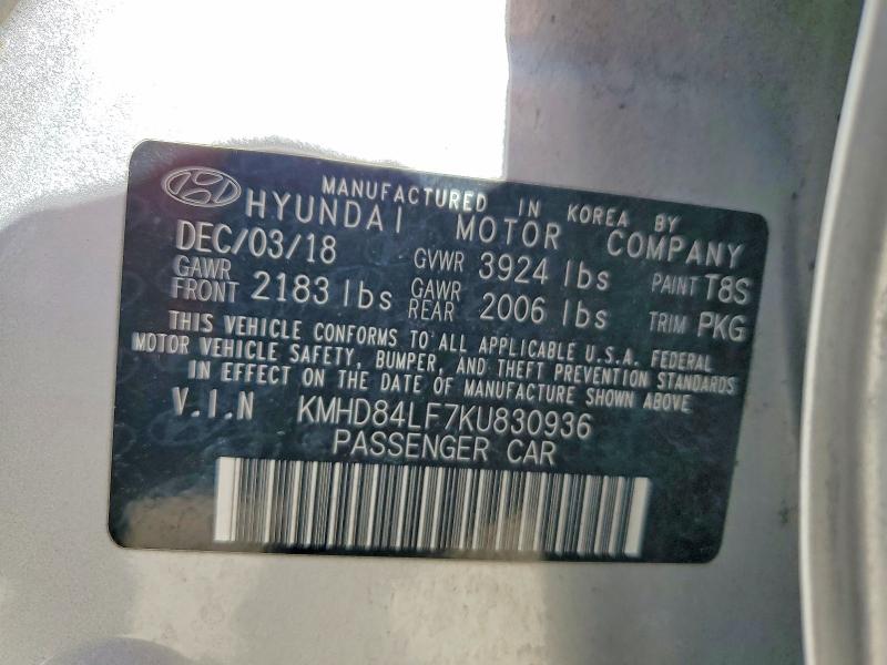 46736926 :رقم المزاد ، KMHD84LF7KU830936 vin ، 2019 Hyundai Elantra مزاد بيع