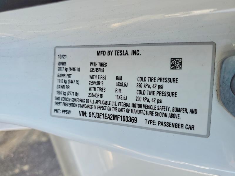 2021 Tesla Model 3 მანქანა იყიდება აუქციონზე, vin: 5YJ3E1EA2MF100369, აუქციონის ნომერი: 47460746