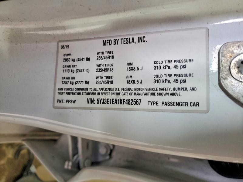 Aukcja sprzedaży 2019 Tesla Model 3, vin: 5YJ3E1EA1KF482567, numer aukcji: 41969966