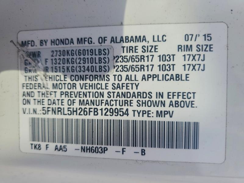 47608776 :رقم المزاد ، 5FNRL5H26FB129954 vin ، 2015 Honda Odyssey مزاد بيع