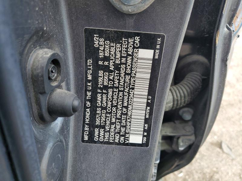 2021 Honda Civic მანქანა იყიდება აუქციონზე, vin: SHHFK7H60MU223442, აუქციონის ნომერი: 79407175