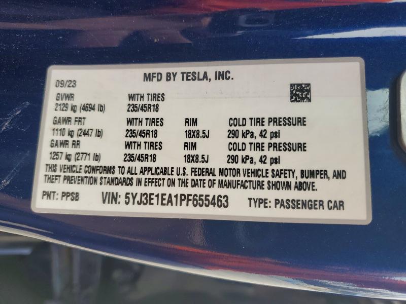 41587096 :رقم المزاد ، 5YJ3E1EA1PF655463 vin ، 2023 Tesla Model 3 مزاد بيع