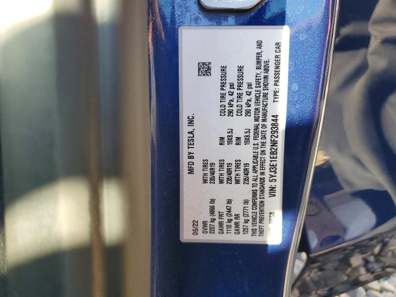 2022 Tesla Model 3 მანქანა იყიდება აუქციონზე, vin: 5YJ3E1EB2NF293844, აუქციონის ნომერი: 47426066
