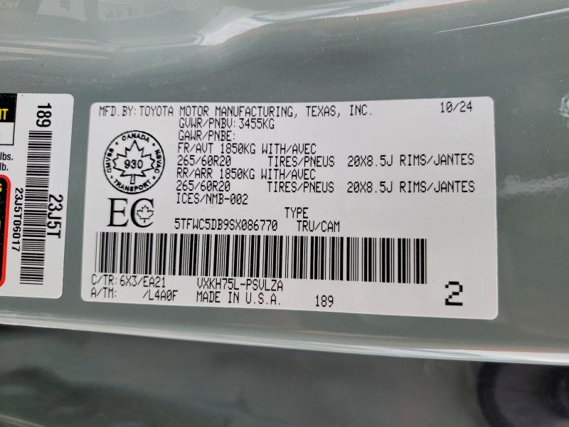 2025 Toyota Tundra მანქანა იყიდება აუქციონზე, vin: 5TFWC5DB9SX086770, აუქციონის ნომერი: 46340406