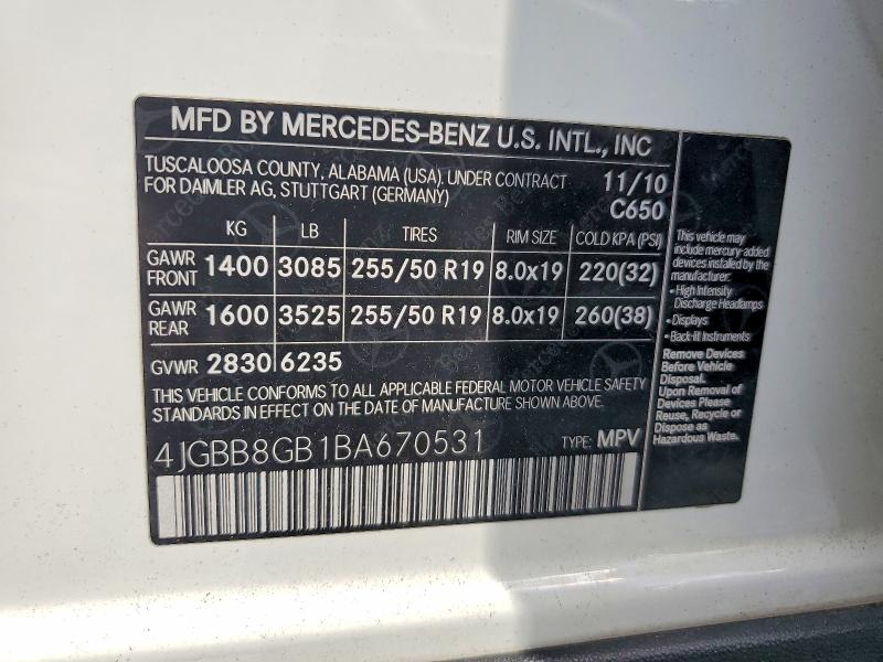 2011 Mercedes-benz Ml მანქანა იყიდება აუქციონზე, vin: 4JGBB8GB1BA670531, აუქციონის ნომერი: 79616665