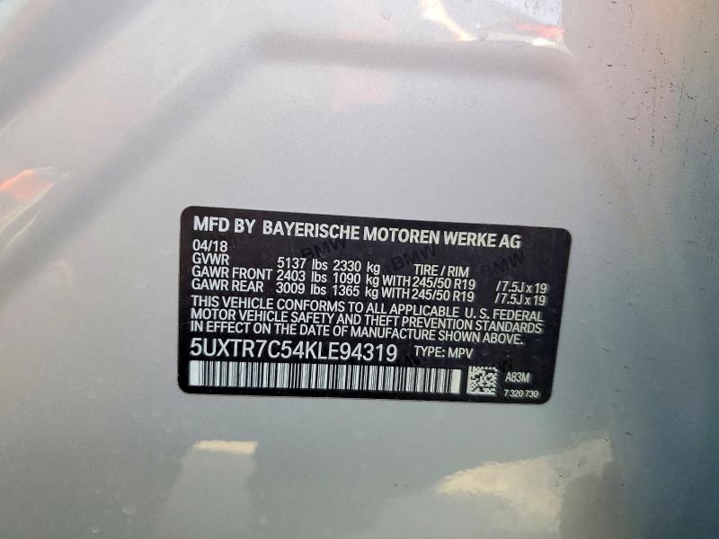 2019 Bmw X3 მანქანა იყიდება აუქციონზე, vin: 5UXTR7C54KLE94319, აუქციონის ნომერი: 41895646