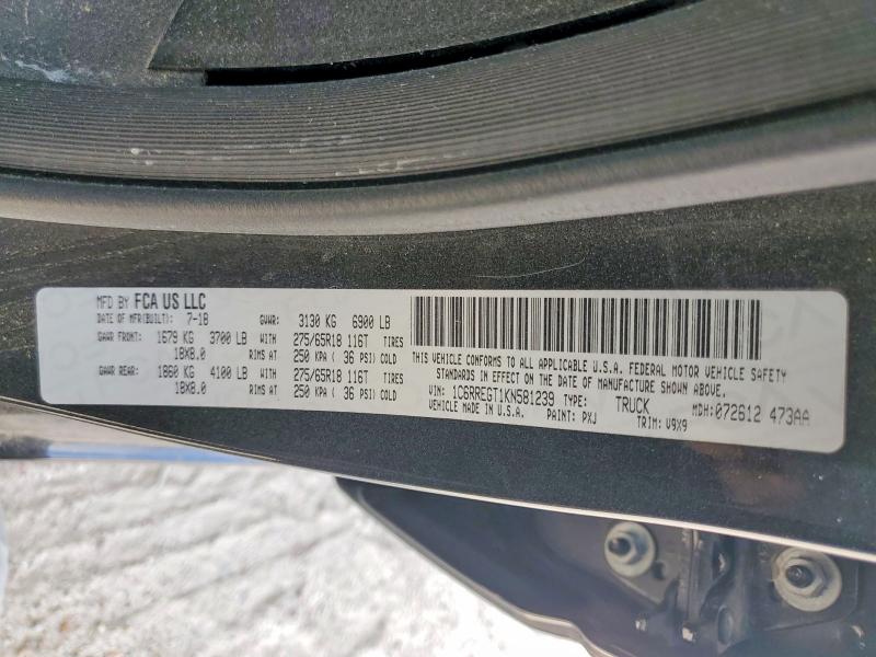 47555196 :رقم المزاد ، 1C6RREGT1KN581239 vin ، 2019 Ram 1500 مزاد بيع