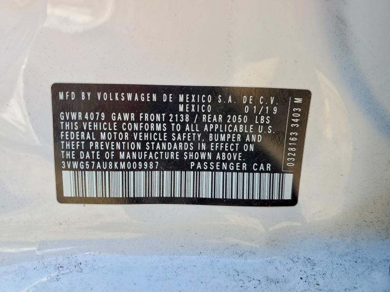 2019 Volkswagen Golf მანქანა იყიდება აუქციონზე, vin: 3VWG57AU8KM009987, აუქციონის ნომერი: 45675496