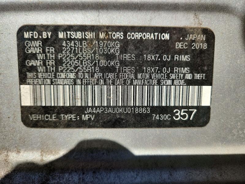 47784046 :رقم المزاد ، JA4AP3AU0KU018863 vin ، 2019 Mitsubishi Outlander Sport مزاد بيع