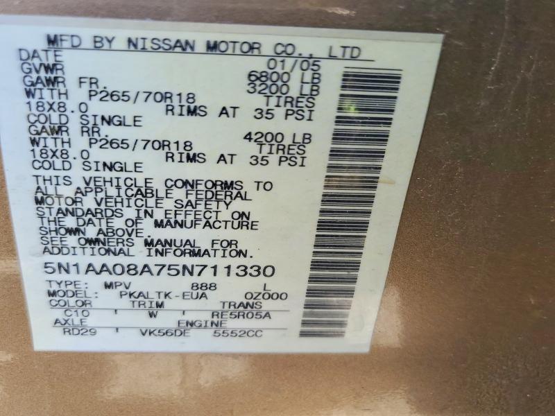 Auction sale of the 2005 Nissan Armada, vin: 5N1AA08A75N711330, lot number: 47092176