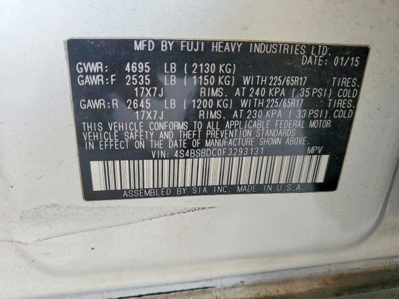 2015 Subaru Outback მანქანა იყიდება აუქციონზე, vin: 4S4BSBDC0F3293131, აუქციონის ნომერი: 48050506