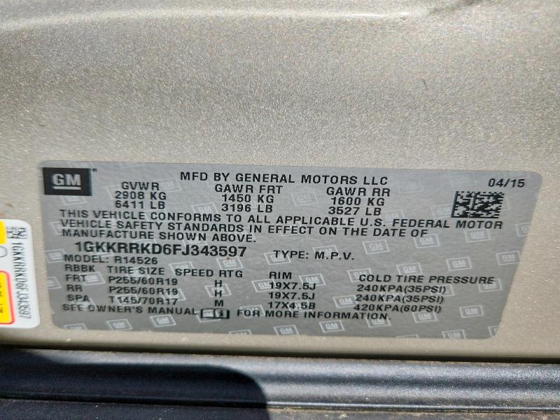 2015 Gmc Acadia მანქანა იყიდება აუქციონზე, vin: 1GKKRRKD6FJ343597, აუქციონის ნომერი: 45583406