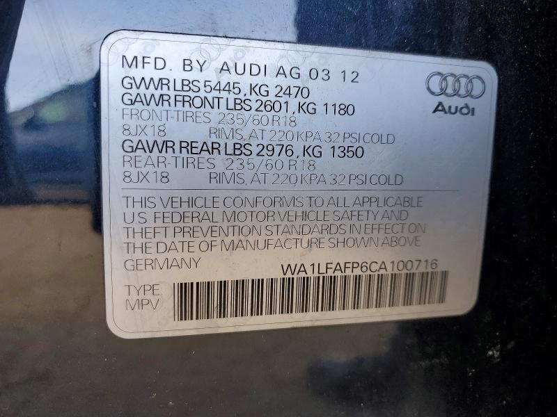 78513085 :رقم المزاد ، WA1LFAFP6CA100716 vin ، 2012 Audi Q5 مزاد بيع