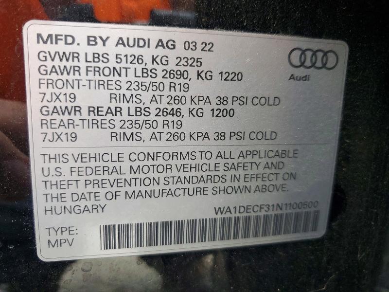 Aukcja sprzedaży 2022 Audi Q3, vin: WA1DECF31N1100500, numer aukcji: 78545495