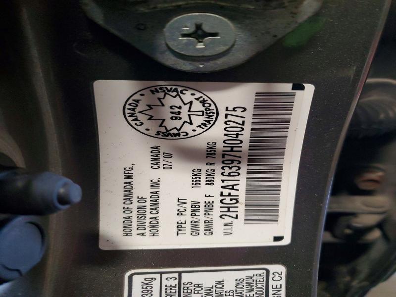 Aukcja sprzedaży 2007 Honda Civic, vin: 2HGFA16397H040275, numer aukcji: 45912266