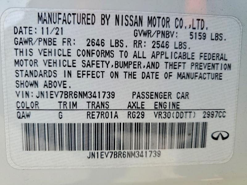 46844436 :رقم المزاد ، JN1EV7BR6NM341739 vin ، 2022 Infiniti Q50 مزاد بيع