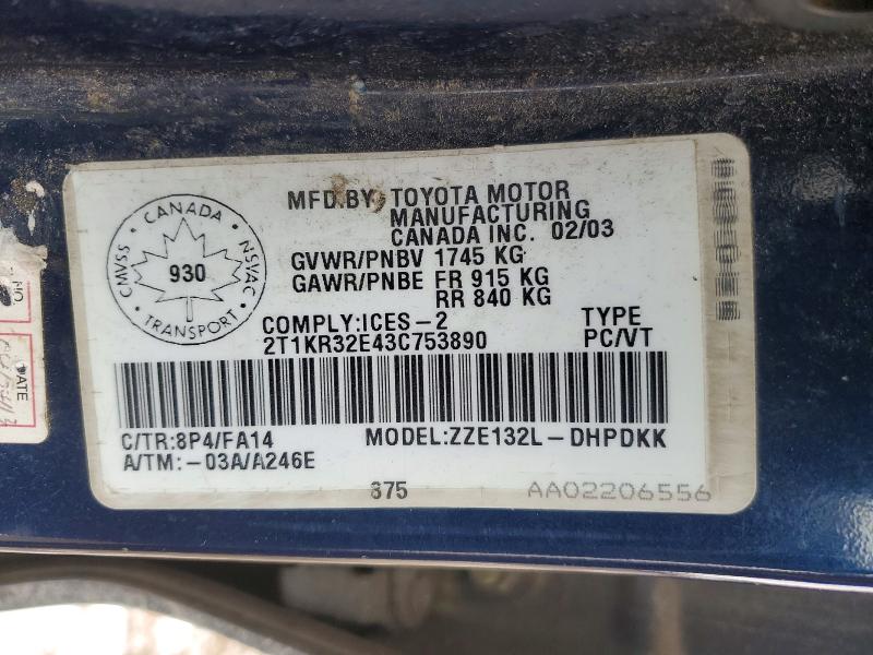 2003 Toyota Corolla Matrix მანქანა იყიდება აუქციონზე, vin: 2T1KR32E43C753890, აუქციონის ნომერი: 77488745
