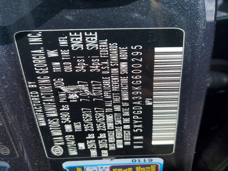 47419286 :رقم المزاد ، 5XYPGDA39KG600295 vin ، 2019 Kia Sorento مزاد بيع