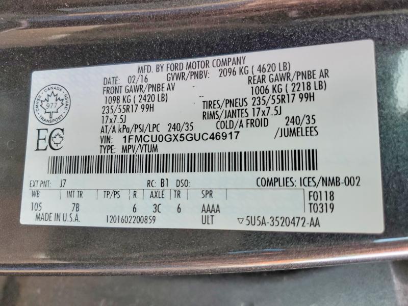 46251496 :رقم المزاد ، 1FMCU0GX5GUC46917 vin ، 2016 Ford Escape مزاد بيع