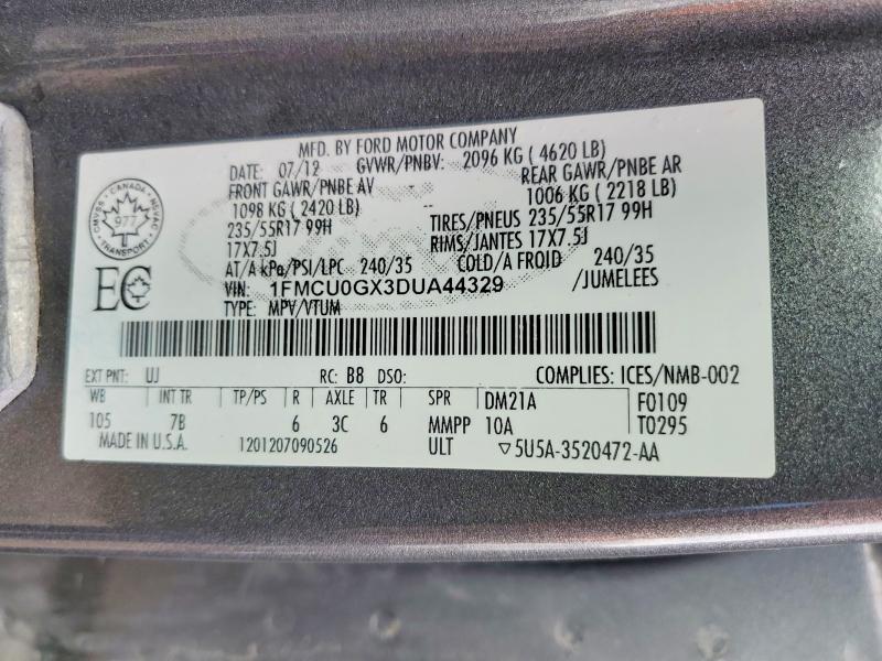 45918146 :رقم المزاد ، 1FMCU0GX3DUA44329 vin ، 2013 Ford Escape مزاد بيع