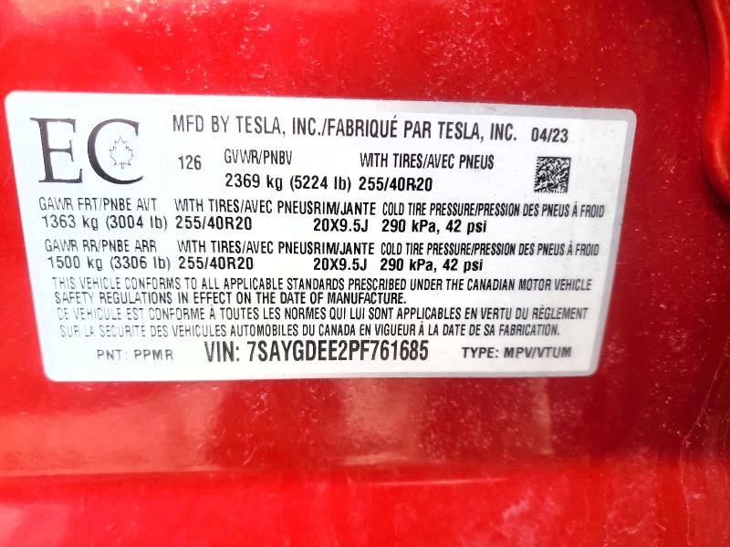 Продажа на аукционе авто 2023 Tesla Model Y, vin: 7SAYGDEE2PF761685, номер лота: 78280885